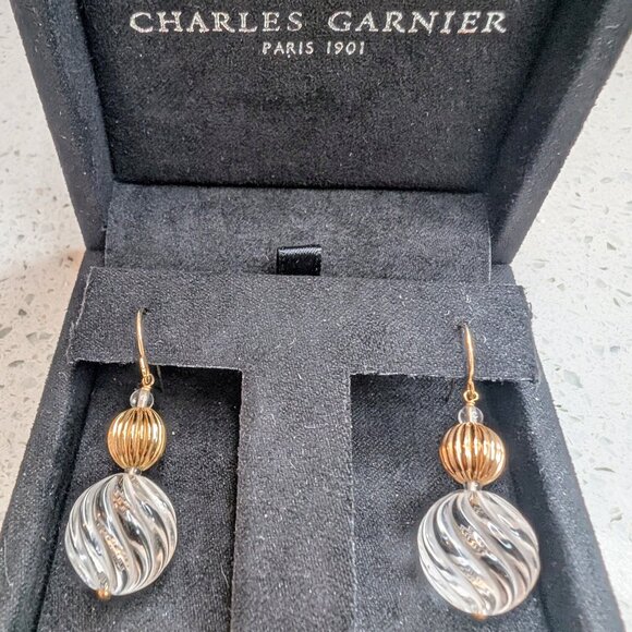 CHARLES GARNIER Paris 14K YG Carved Quartz Swirl Dangle Pierced Earrings - Picture 2 of 5